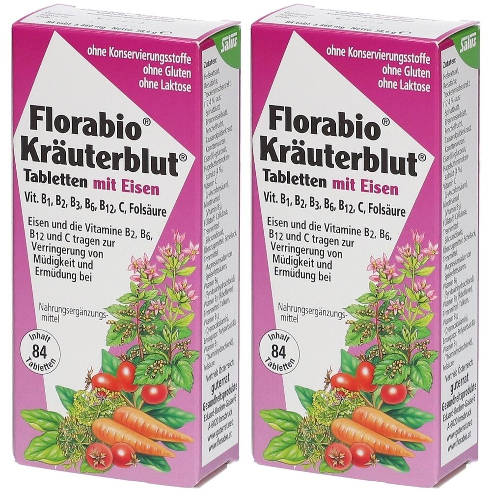 Zwei rechteckige Kartons mit der Aufschrift Florabio Kräuterblut Tabletten mit Eisen. Aufdrucke: Vitamine, 84 Tabletten, ohne Konservierungsstoffe, Gluten und Laktose.