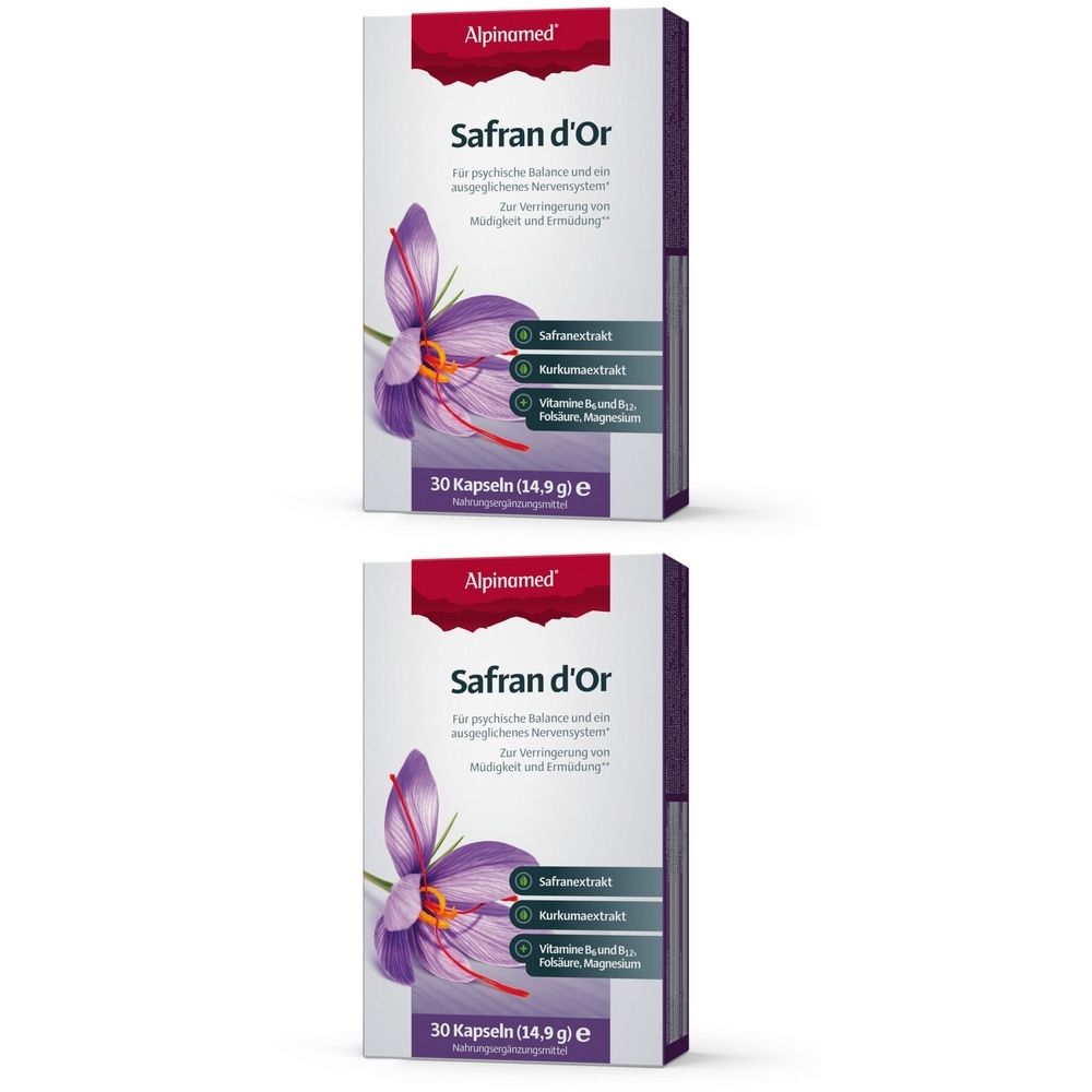 Zwei Schachteln Alpinamed Safran d'Or. Aufdruck: Safranextrakt, Kurkumaextrakt, Vitamine, 30 Kapseln.