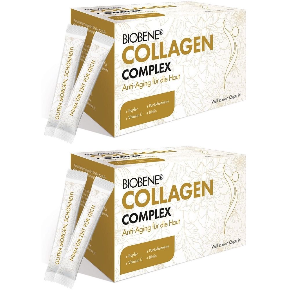 Zwei Packungen BIOBENE® Collagen Complex. Aufschrift: Anti-Aging für die Haut. Zwei Beutel mit Aufschrift: Guten Morgen, Schönheit! Nimm dir Zeit für dich.