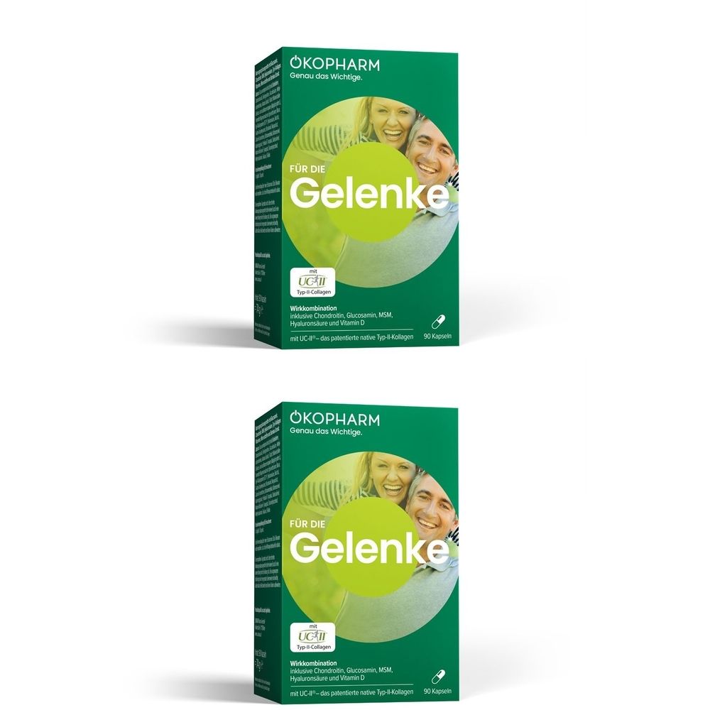 Grüne Schachtel mit Produktnamen ÖKOPHARM und Schriftzug "Für die Gelenke". Enthält 30 Kapseln. Mit Gesichtern von Personen.
