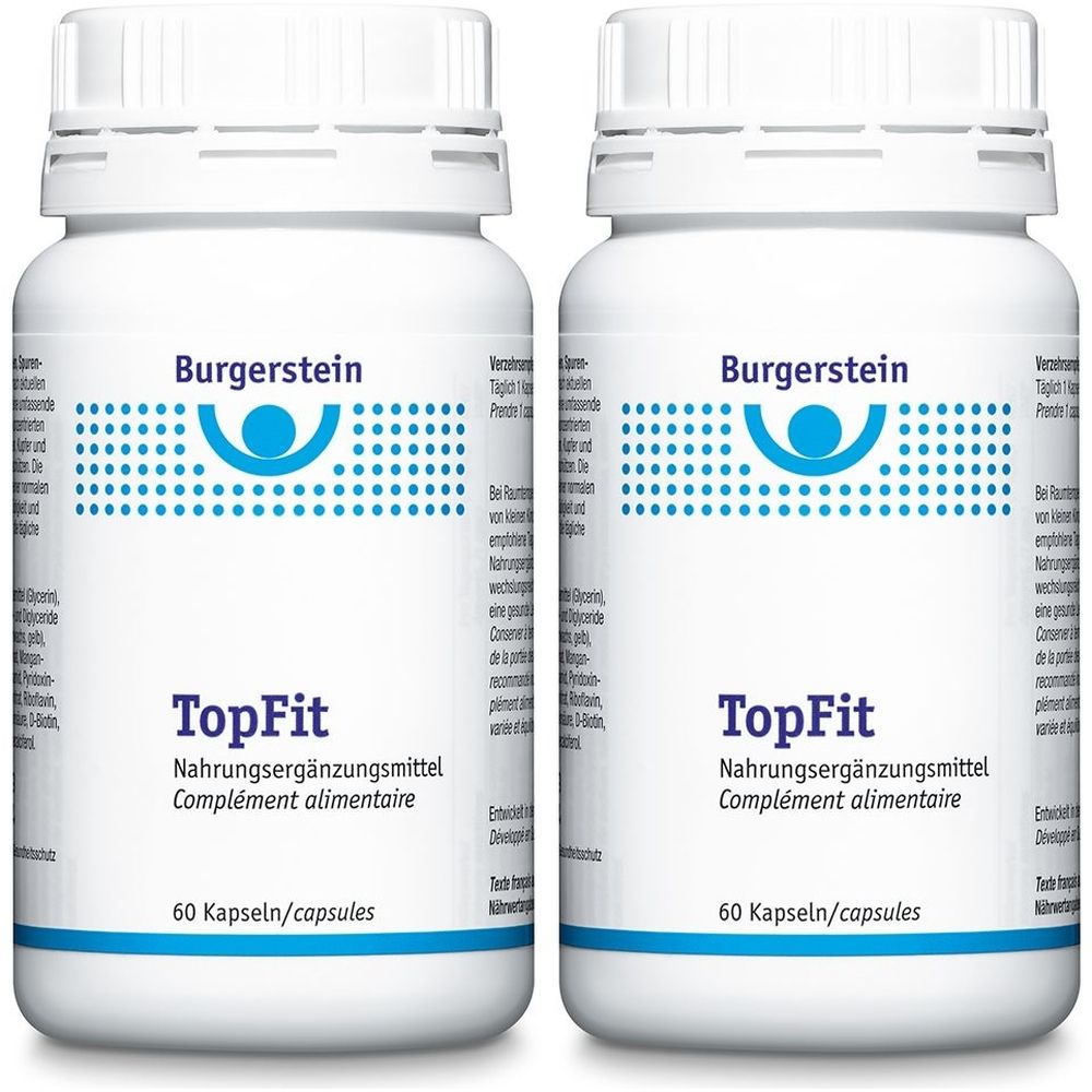 Zwei weiße Flaschen mit Burgerstein TopFit. Aufschrift: Nahrungsergänzungsmittel, 60 Kapseln. Blauer Schriftzug.