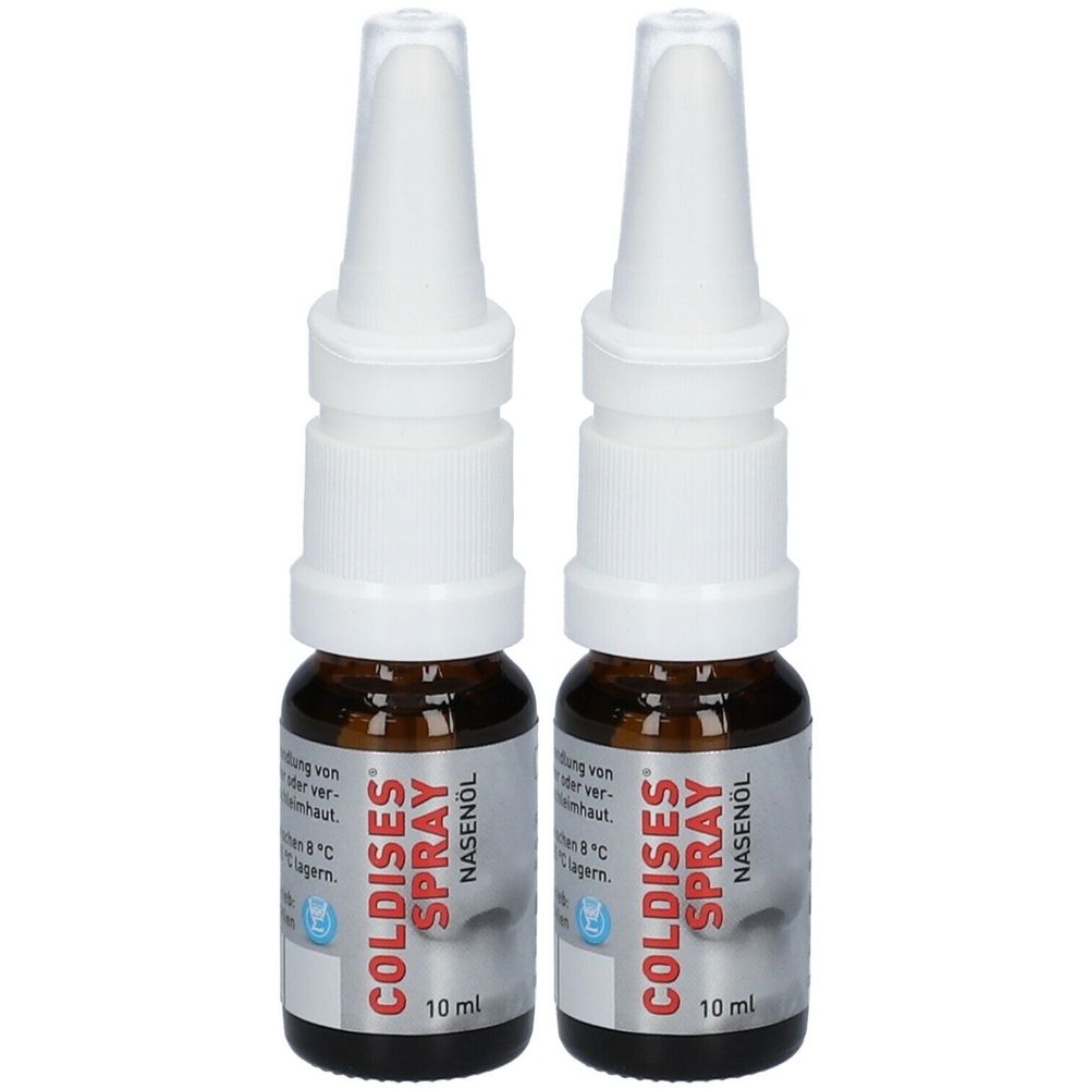 Zwei Nasensprays mit weißem Sprühkopf und brauner Glasflasche. Aufschrift: COLDISES SPRAY NASENÖL, 10 ml.