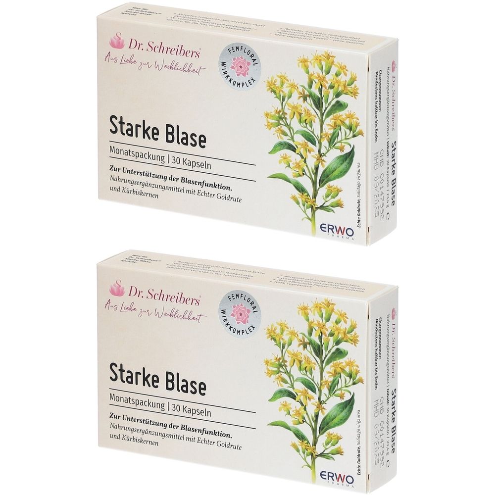 Zwei Schachteln mit "Starke Blase"-Kapseln. Aufdruck: "Dr. Schreibers". Illustration einer Pflanze. Monatspackung mit 30 Kapseln.