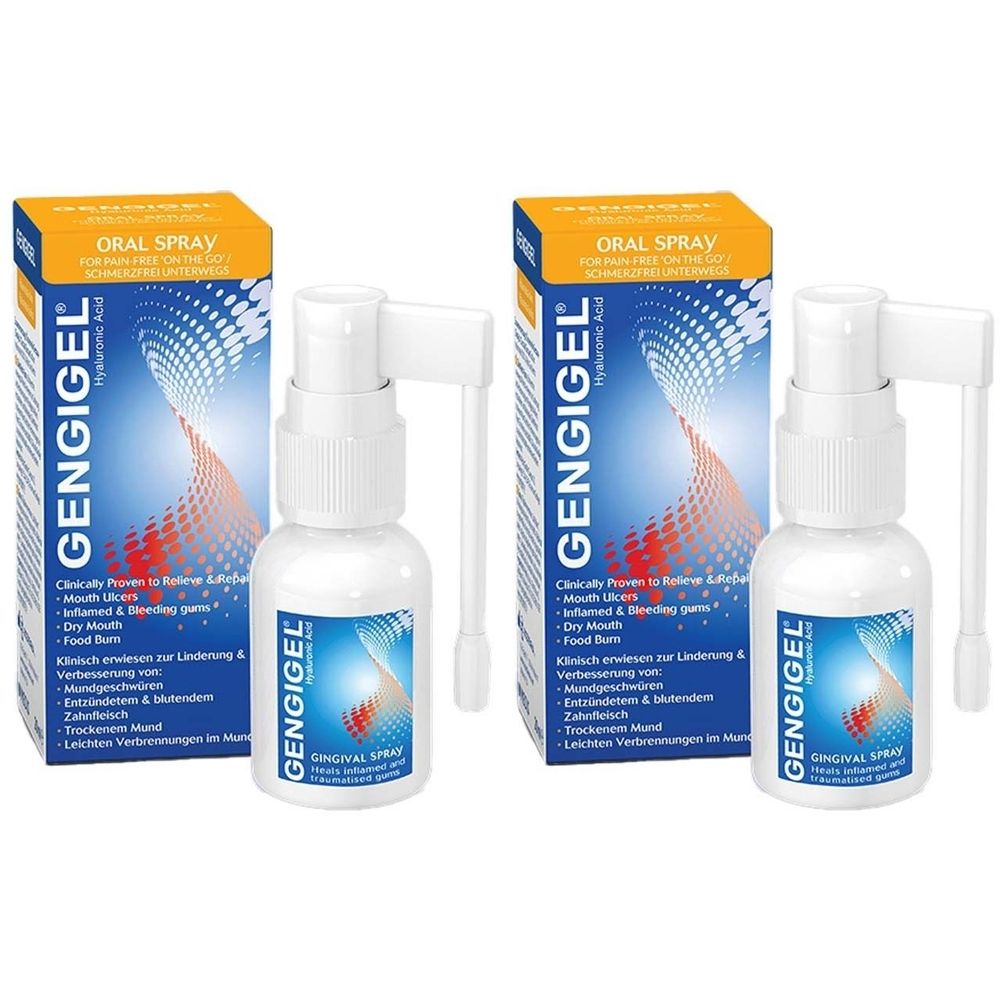 Zwei Flaschen Mundspray mit Sprühaufsatz und Kartonverpackung. Auf der Verpackung steht "GENGIGEL" und "ORAL SPRAY".