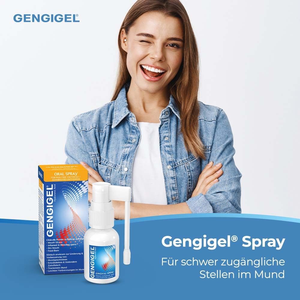 Frau lächelt. Gengigel Spray und Verpackung. Produktinformationen auf der Verpackung. Text: Für schwer zugängliche Stellen im Mund.