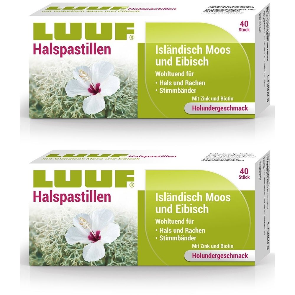 Zwei Schachteln Halspastillen. Aufschrift: LUUF Halspastillen, Isländisch Moos und Eibisch. 40 Stück. Mit Zink und Biotin. Holundergeschmack.