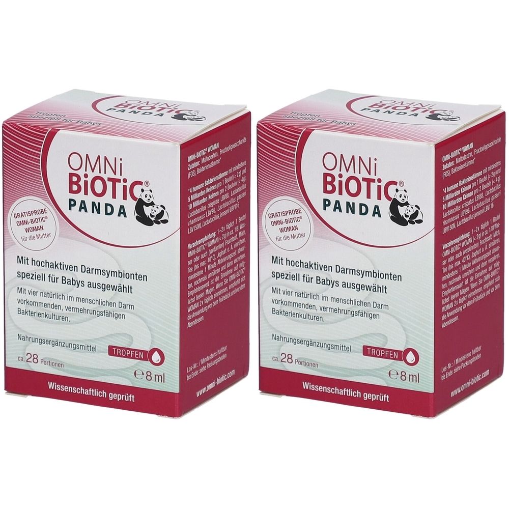 Zwei rechteckige Kartons mit OMNi-BiOTiC PANDA-Logo. Aufschrift: Mit hochaktiven Darmsymbionten speziell für Babys. Tropfen, 8 ml.