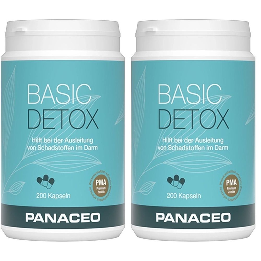 Zwei weiße Behälter mit blauem Etikett. Aufschrift: BASIC DETOX, 200 Kapseln, PANACEO. Hilft bei der Ausleitung von Schadstoffen im Darm. Mit PMA-Siegel.