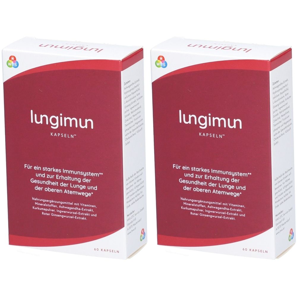 Zwei rechteckige Kartons mit der Aufschrift "lungimun KAPSELN". Roter Hintergrund mit weißer Schrift. Text: Für ein starkes Immunsystem.