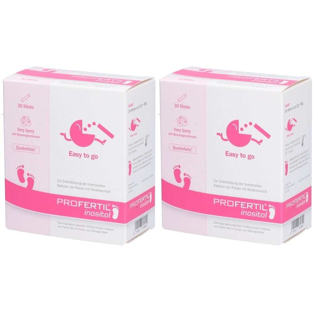 Zwei Schachteln PROFERTIL inositol. Weiße Verpackung mit rosa Akzenten. Aufdruck: Baby-Symbol, Schriftzug "Easy to go" und Produktname.