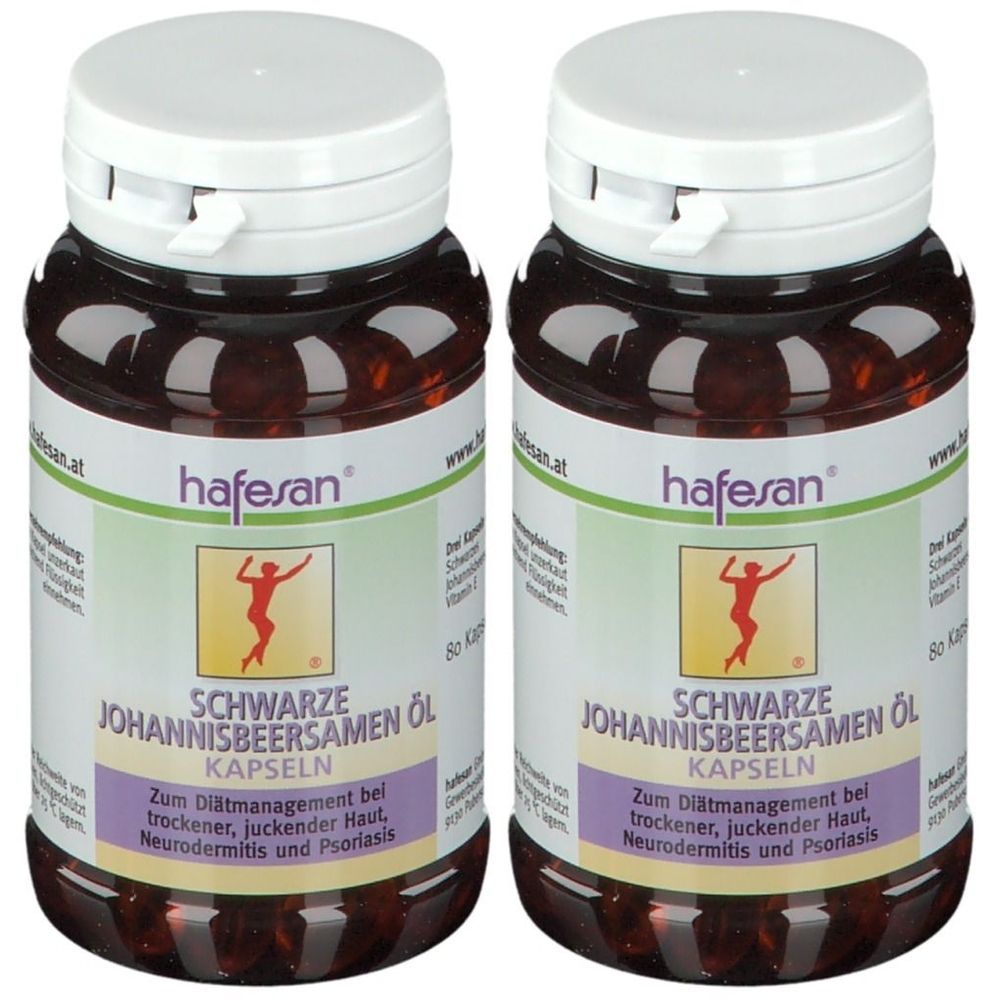 Zwei Flaschen mit Kapseln. Aufschrift: hafesan Schwarze Johannisbeersamen Öl. Mit Logo einer Person. Weißer Deckel.