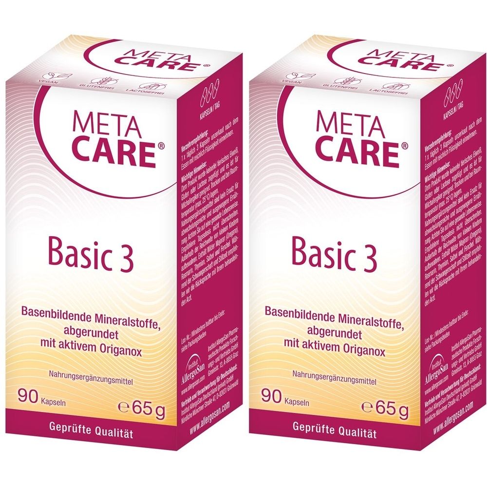 Zwei Packungen META CARE Basic 3. Weiße Verpackung mit lila Akzenten. Enthält 90 Kapseln. Geprüfte Qualität.