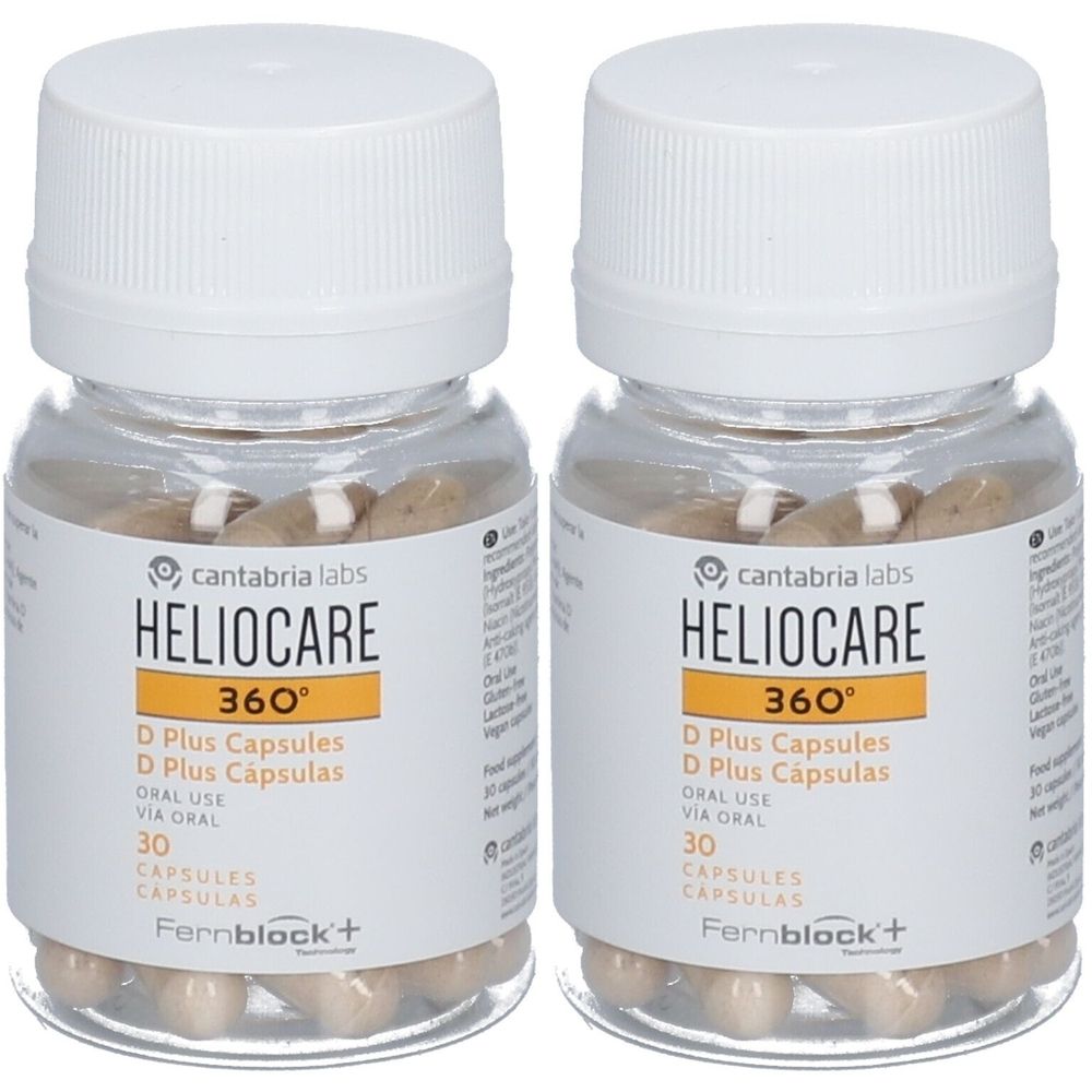 Zwei Flaschen HELIOCARE 360° D Plus Kapseln. Klare Flaschen mit weißen Deckeln und Etiketten. 30 Kapseln pro Flasche.