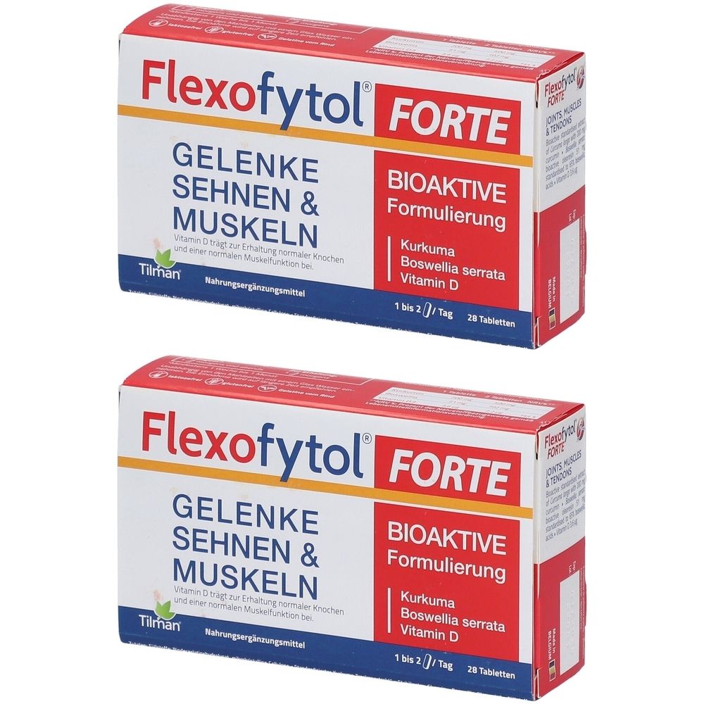 Zwei Schachteln Flexofytol FORTE. Aufschrift: Gelenke, Sehnen & Muskeln. Enthält Kurkuma, Boswellia serrata, Vitamin D. Bioaktive Formulierung.