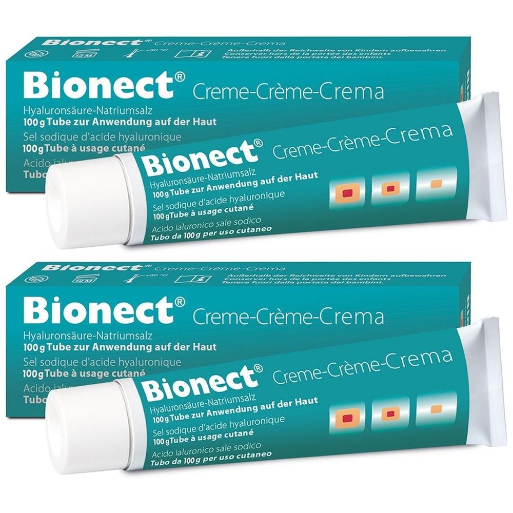 Zwei Tuben Bionect Creme, weiß mit türkisfarbener Verpackung. Aufschrift: Bionect Creme, Hyaluronsäure-Natriumsalz, 100g Tube.