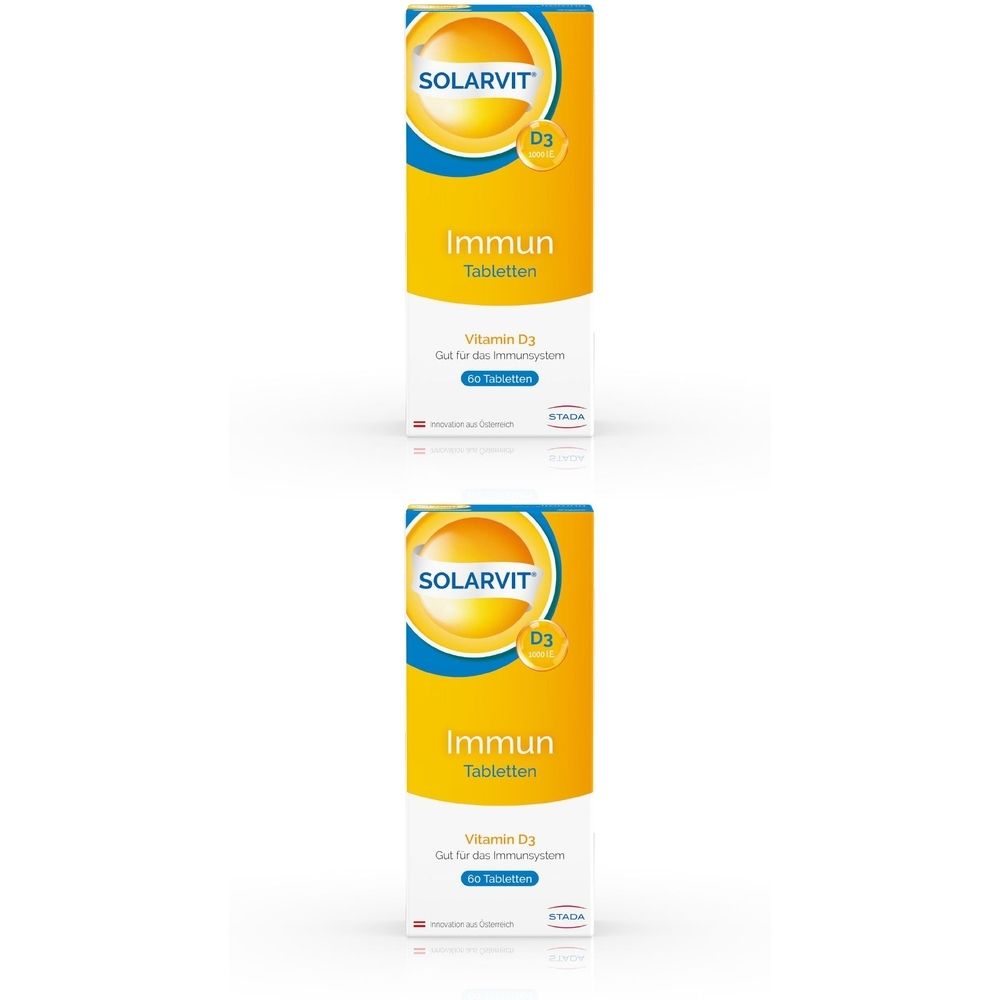Zwei Packungen Solarvit Immun Tabletten D3. Gelbe Schachteln mit Produktnamen und Logo. Vitamin D3 für das Immunsystem.