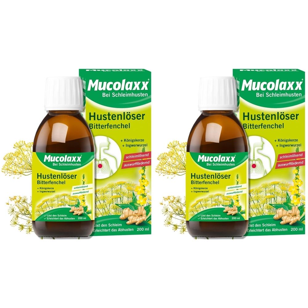 Zwei Flaschen und Schachteln Mucolaxx Hustenlöser. Braune Flaschen mit weißem Deckel, grüne Schachteln mit Produktnamen und Inhaltsstoffen.