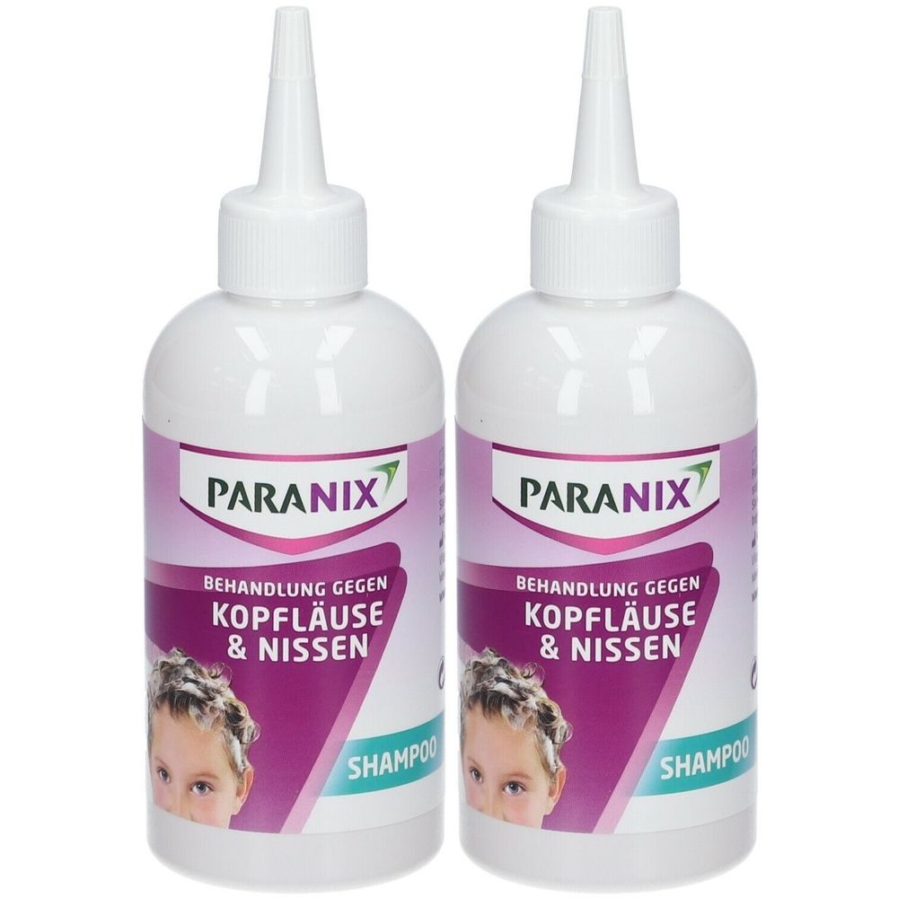 Zwei weiße Flaschen mit Dosierspitze. Aufschrift PARANIX, Behandlung gegen Kopfläuse & Nissen. Aufdruck Shampoo.