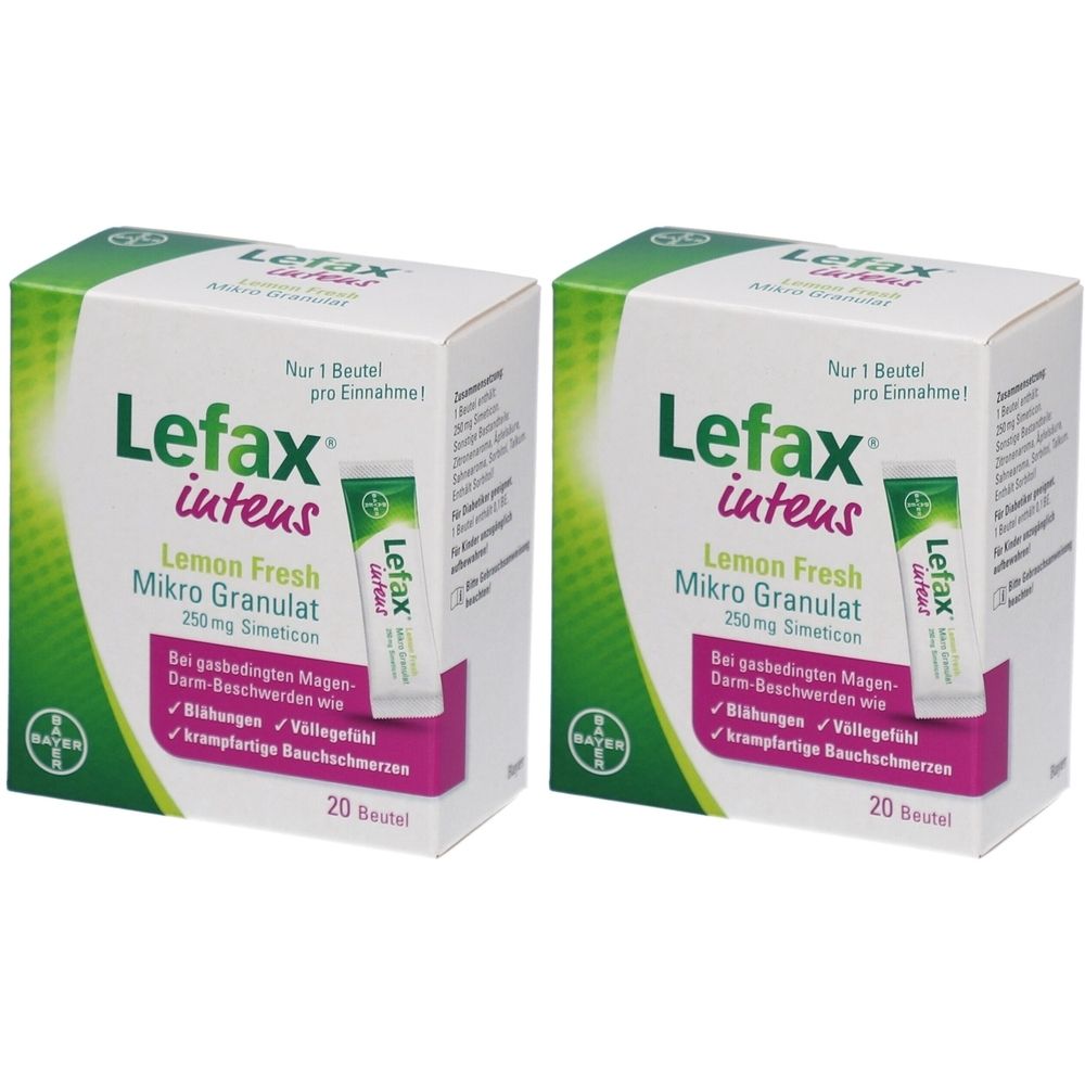 Zwei Schachteln Lefax intens Mikro Granulat. Aufschrift: Lemon Fresh, 250 mg Simeticon. Einzelbeutel abgebildet. 20 Beutel pro Packung.
