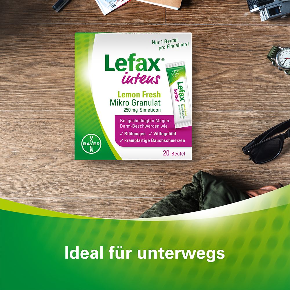 Packung Lefax® intens Mikro Granulat auf Holz. Text: Ideal für unterwegs. Weitere Produkte und Accessoires.