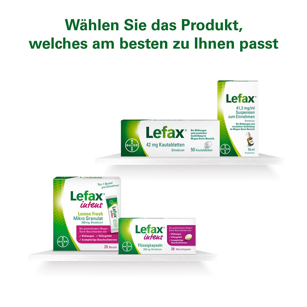 Verschiedene Lefax® Produkte. Text: Wählen Sie das Produkt, welches am besten zu Ihnen passt.