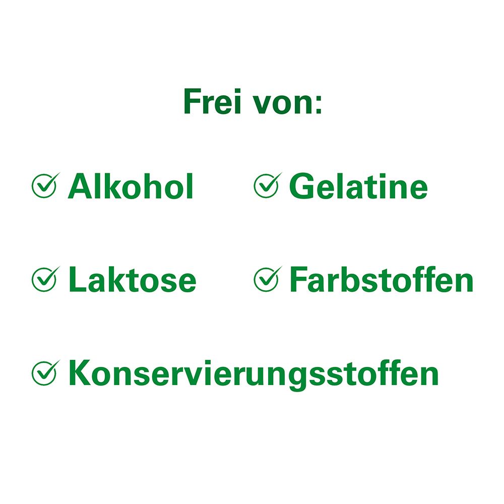 Text: Frei von: Alkohol, Gelatine, Laktose, Farbstoffen, Konservierungsstoffen.
