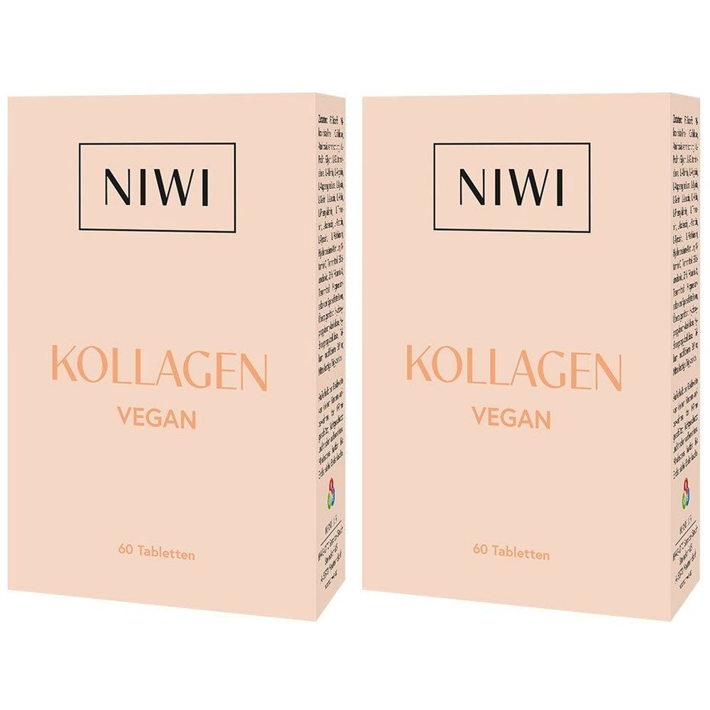Zwei rechteckige Kartons. Aufschrift: NIWI, KOLLAGEN, VEGAN, 60 Tabletten. Rosa-beige Farbton.