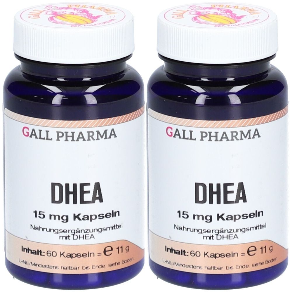 Zwei Flaschen DHEA 15 mg Kapseln von Gall Pharma. Blaue Flaschen mit weißem Deckel und Etikett. Aufschrift: Nahrungsergänzungsmittel.