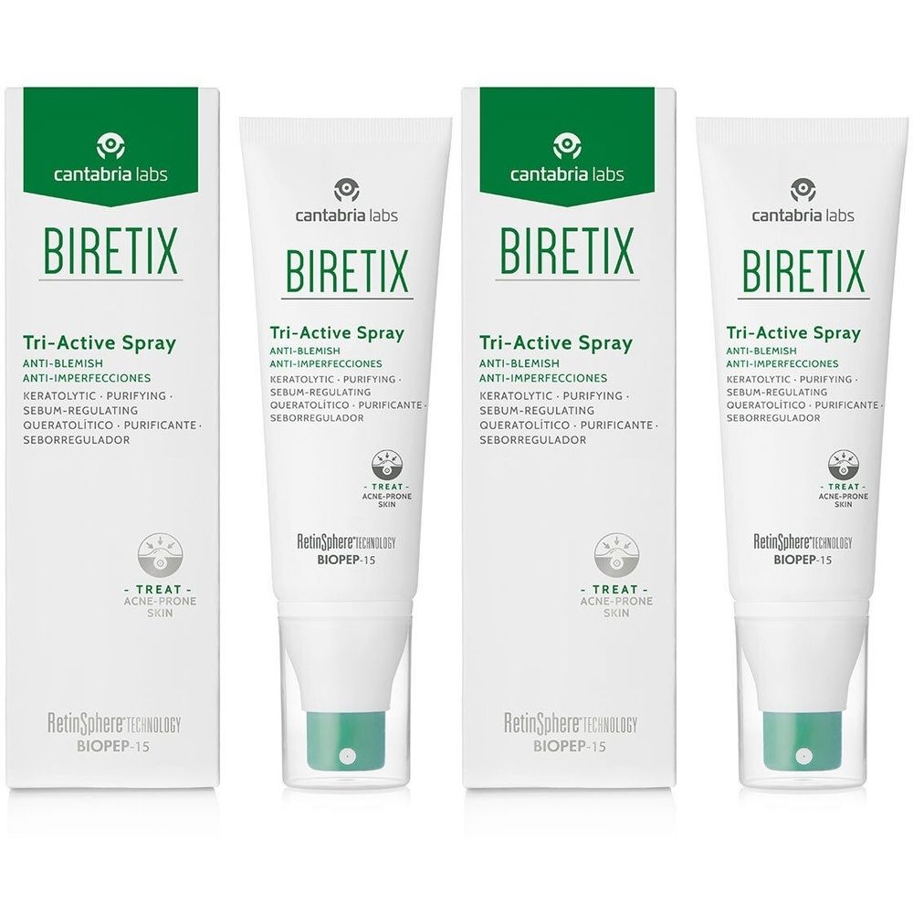 Vier weiße Tuben und Schachteln. Auf den Tuben steht BIRETIX Tri-Active Spray. Die Schachteln zeigen grüne Schrift und Logos.