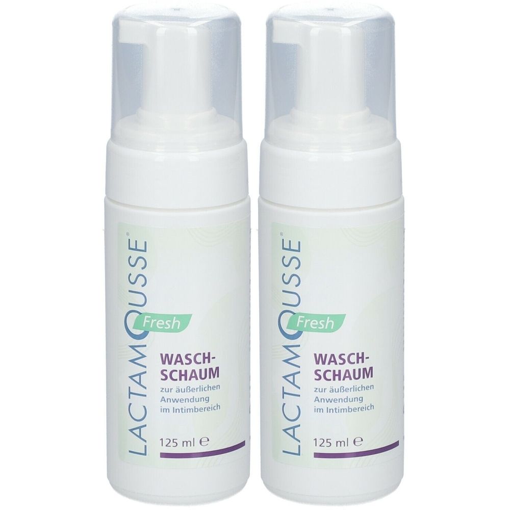 Zwei weiße Flaschen mit Pumpaufsatz. Aufschrift: LACTAMOUSSE Fresh, Wasch-Schaum, 125 ml e.