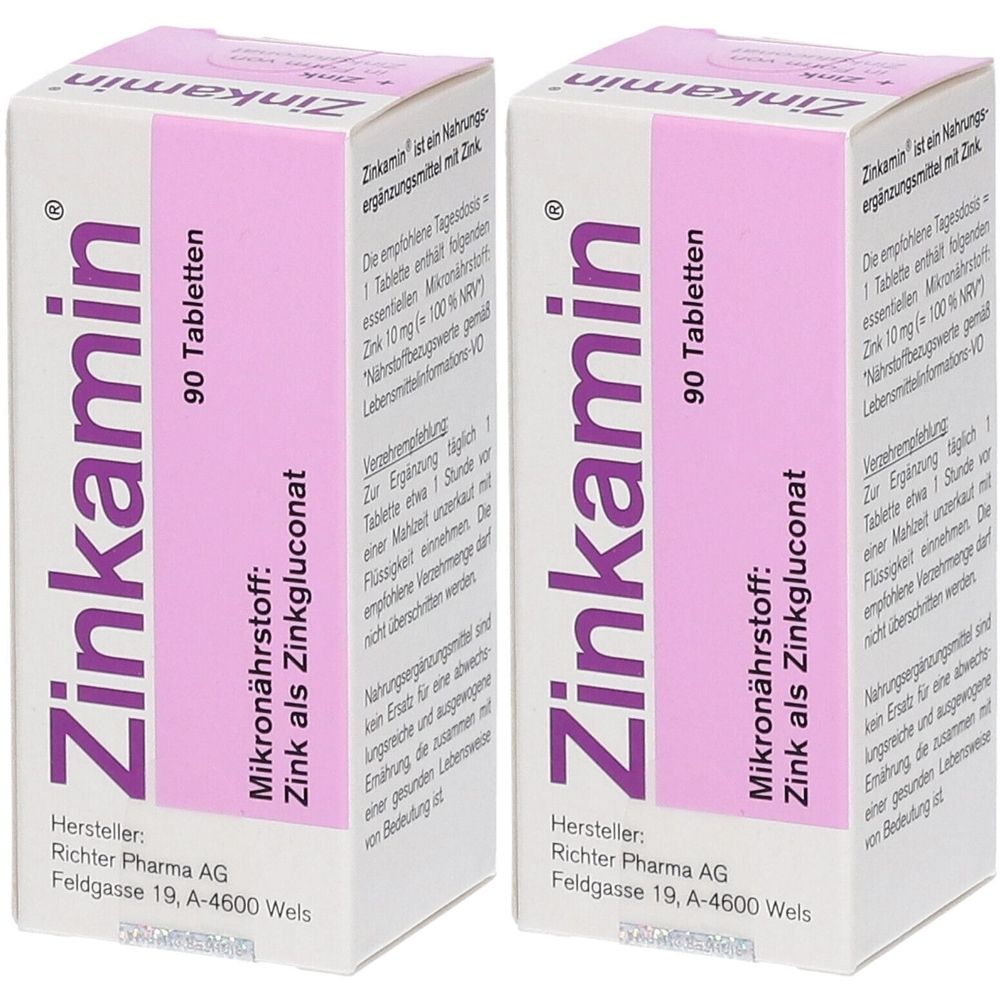 Zwei Schachteln Zinkamin® Tabletten. Weiße Verpackung mit lila Schrift. Aufschrift: 90 Tabletten, Zink als Zinkgluconat.