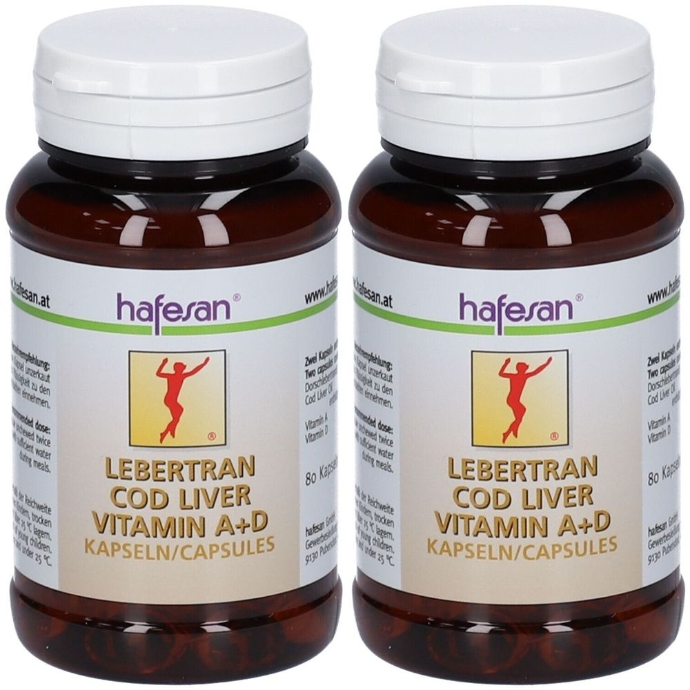 Zwei braune Pillendosen mit weißen Deckeln. Auf den Etiketten steht "hafesan Lebertran Vitamin A+D Kapseln/Capsules".