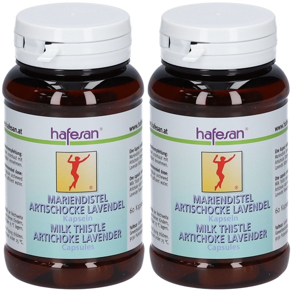 Zwei braune Flaschen mit weißen Deckeln. Aufschrift: Mariendistel Artischocke Lavendel Kapseln. Marke: hafesan.
