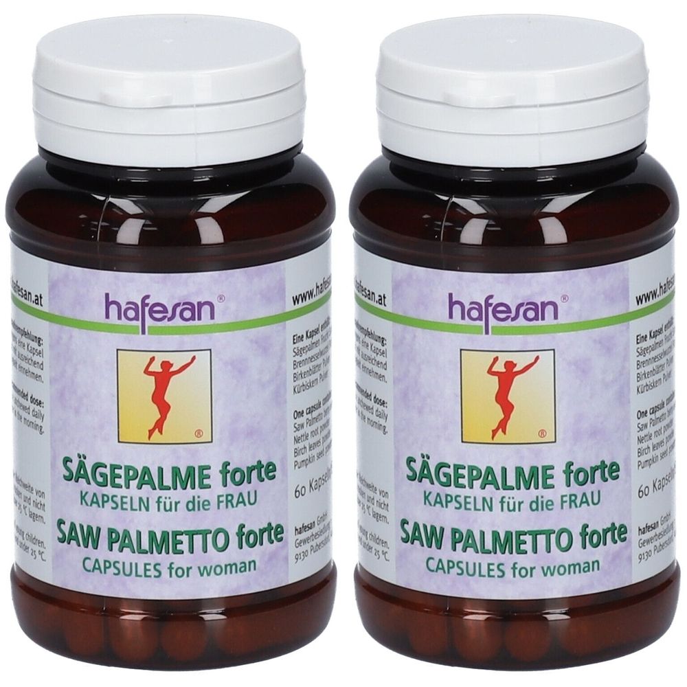 Zwei Flaschen mit Kapseln. Aufschrift: hafesan Sägepalme forte für die Frau. Braune Flaschen, weiße Deckel, lila Etikett mit roter Figur.