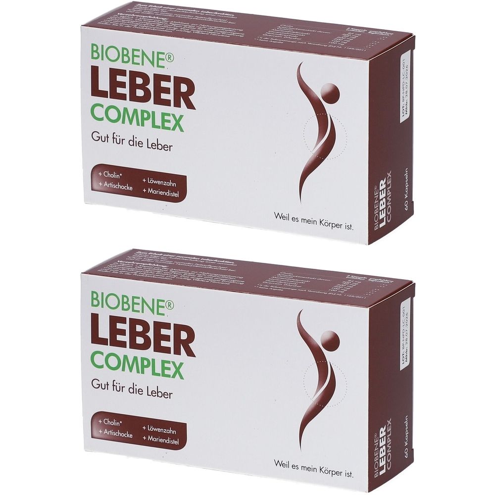 Zwei Schachteln mit der Aufschrift BIOBENE® LEBER COMPLEX. Braune und weiße Verpackung mit Logo und Text. Enthält 60 Kapseln.