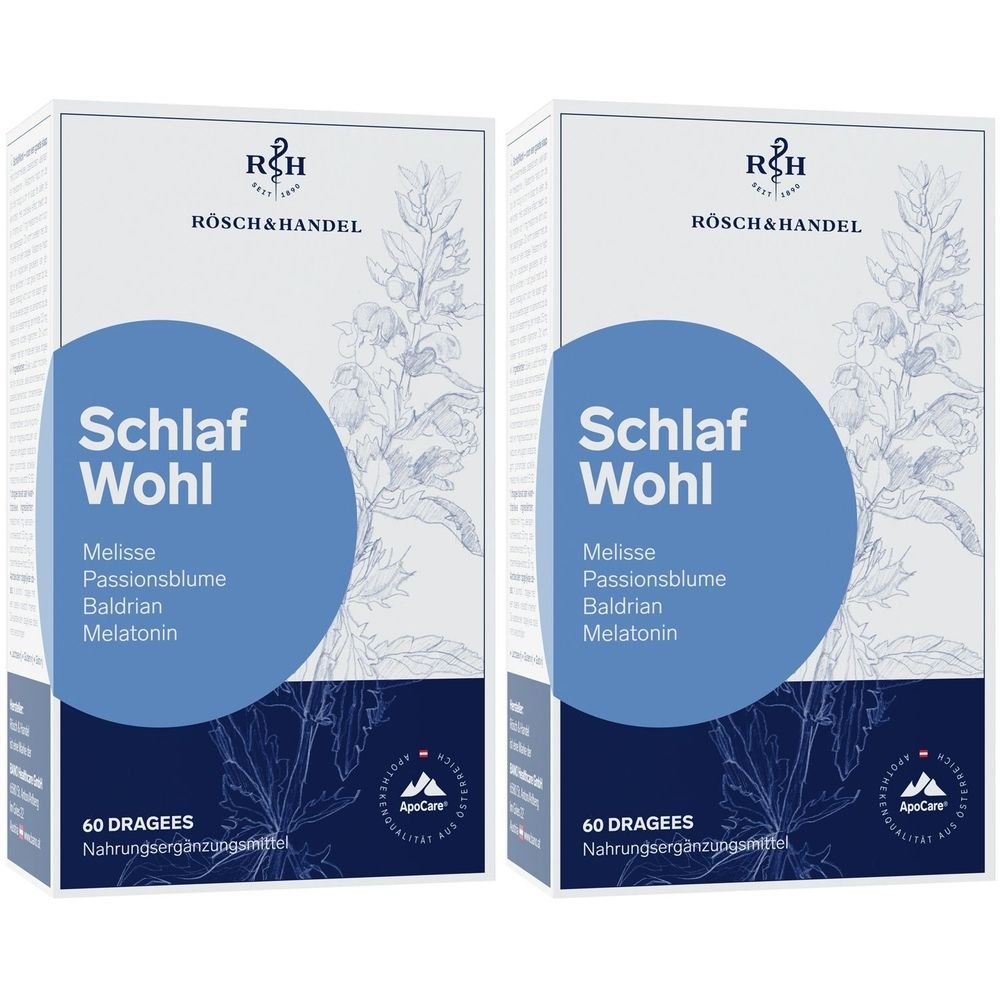 Zwei Schachteln ApoCare® Schlafwohl. Blaue Kreis mit Schriftzug Schlaf Wohl. Enthält Melisse, Passionsblume, Baldrian, Melatonin.
