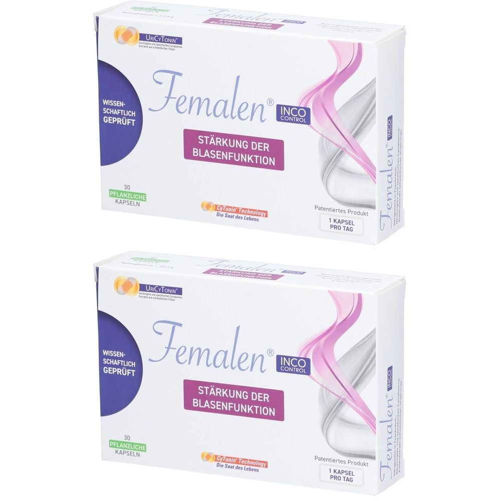 Zwei weiße Kartons mit der Aufschrift Femalen IncoControl. Aufdruck: Stärkung der Blasenfunktion. 30 Kapseln. Patentiertes Produkt.