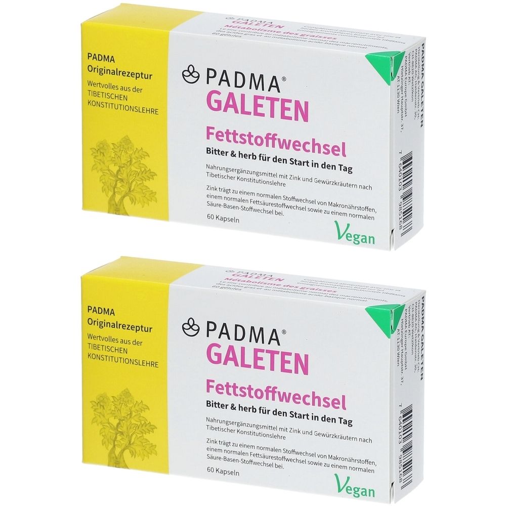 Zwei Schachteln mit der Aufschrift PADMA Galeten Fettstoffwechsel. Aufdruck: Bitter & herb für den Start in den Tag. Vegan.