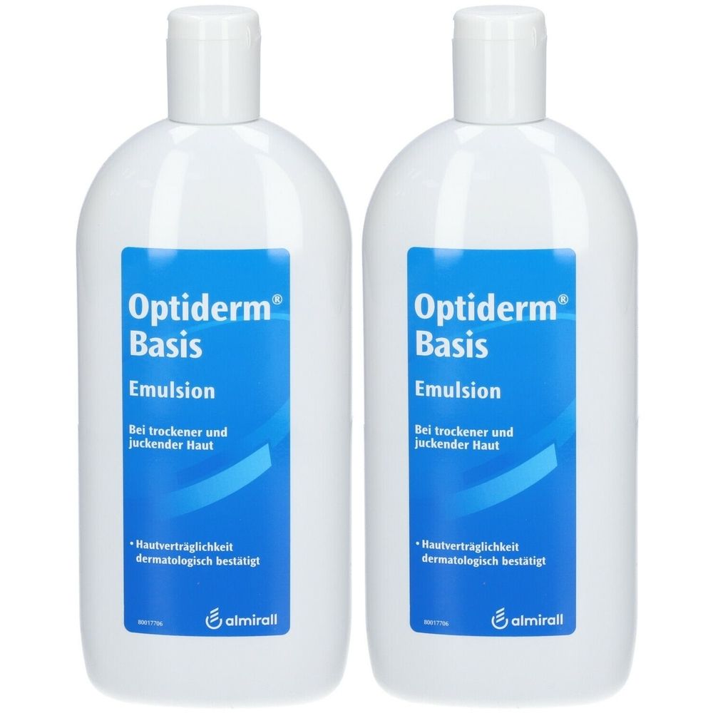 Zwei weiße Flaschen Optiderm Basis Emulsion. Blaue Etiketten mit Produktnamen und Text für trockene, juckende Haut. Dermatologisch getestet.