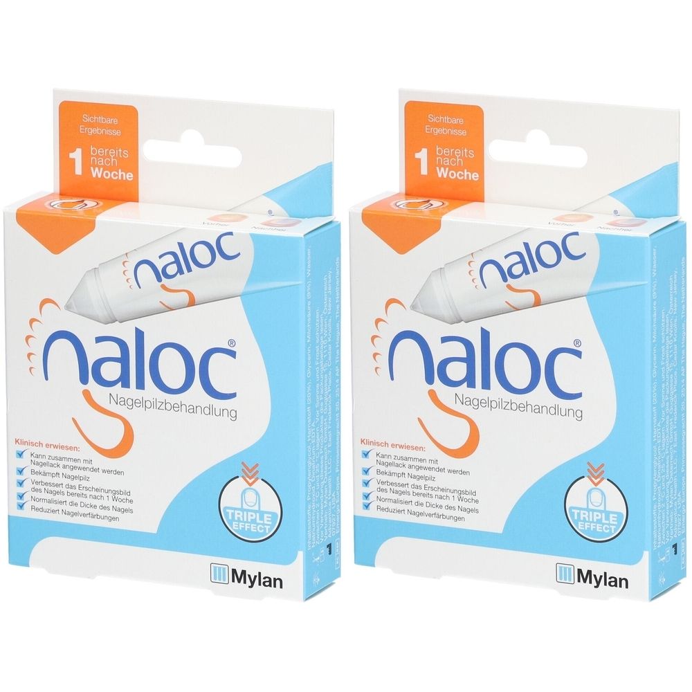 Zwei Schachteln mit "naloc"-Nagelpilzbehandlung. Blaue und weiße Verpackung mit Produktabbildung und Text. "Triple Effect"-Logo.