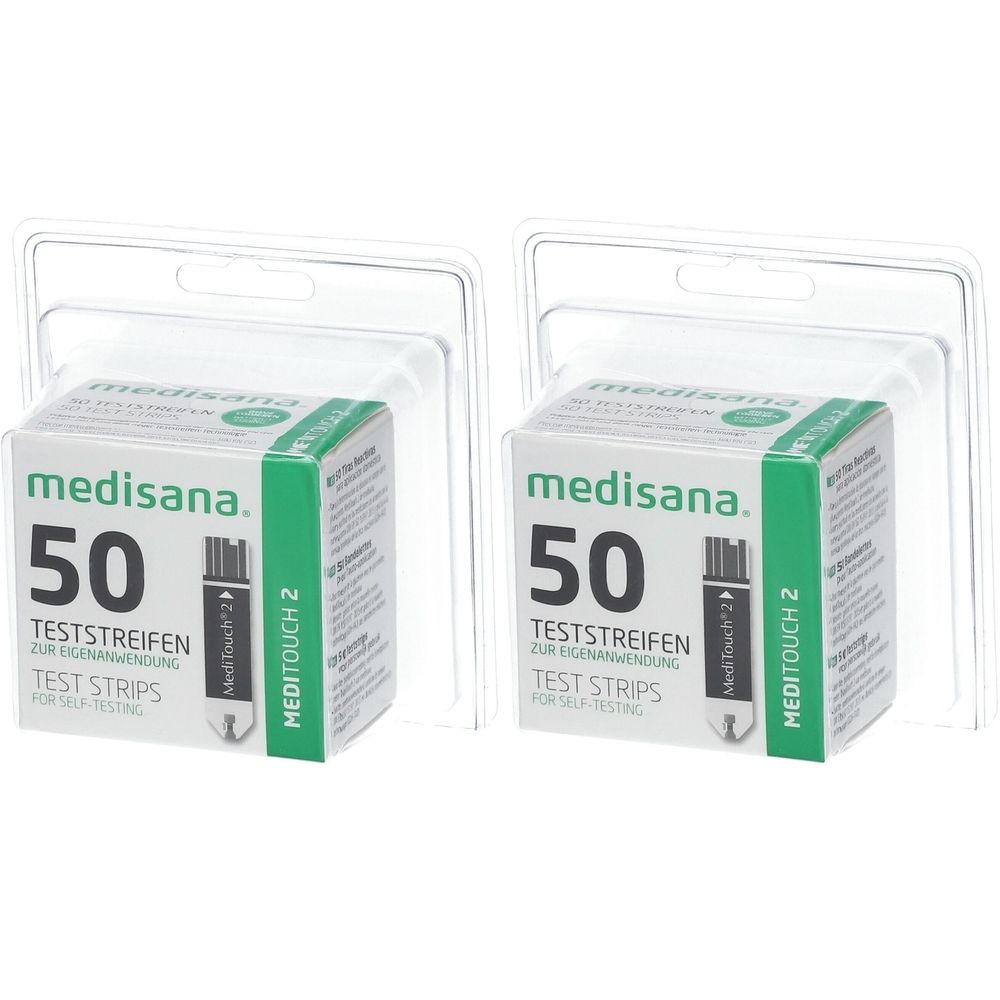 Zwei Packungen Medisana MediTouch 2 Teststreifen. Jede Packung enthält 50 Teststreifen. Verpackt in transparenten Blistern.