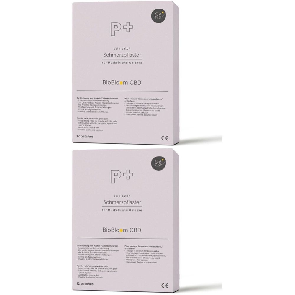 Zwei Schmerzpflaster-Verpackungen. Aufschrift: P+, Schmerzpflaster, BioBloom CBD. 12 Patches. CE-Kennzeichnung.