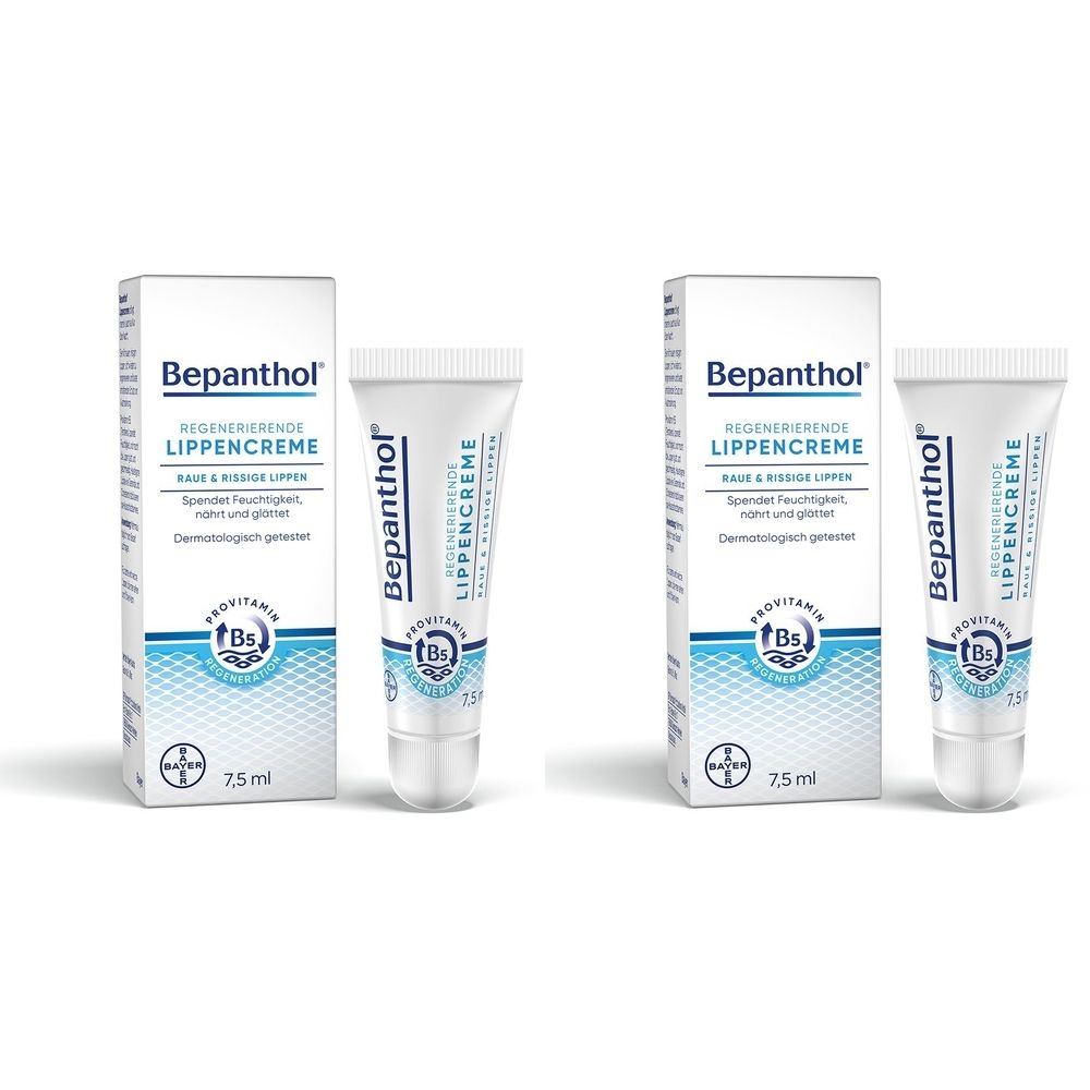 Zwei Tuben und zwei Faltschachteln Bepanthol Lippencreme. Weiße Tuben mit blauer Schrift. Faltschachteln mit Produktnamen und Logo.