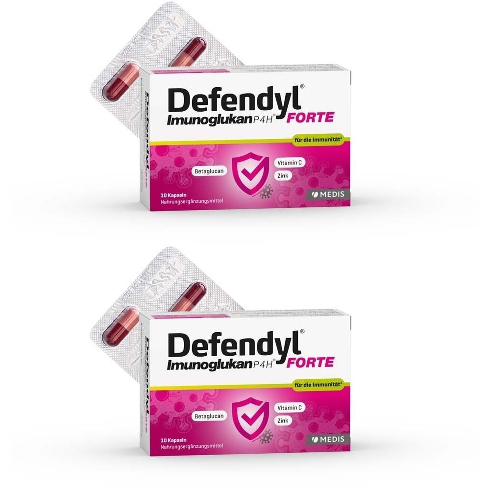 Zwei Packungen Defendyl-Imunoglukan P4H FORTE Kapseln. Jede Packung enthält eine Blisterpackung mit Kapseln.