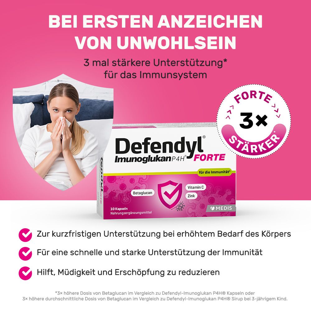 Frau mit Taschentuch. Defendyl-Imunoglukan P4H FORTE Packung. Text: 3x stärker für das Immunsystem.