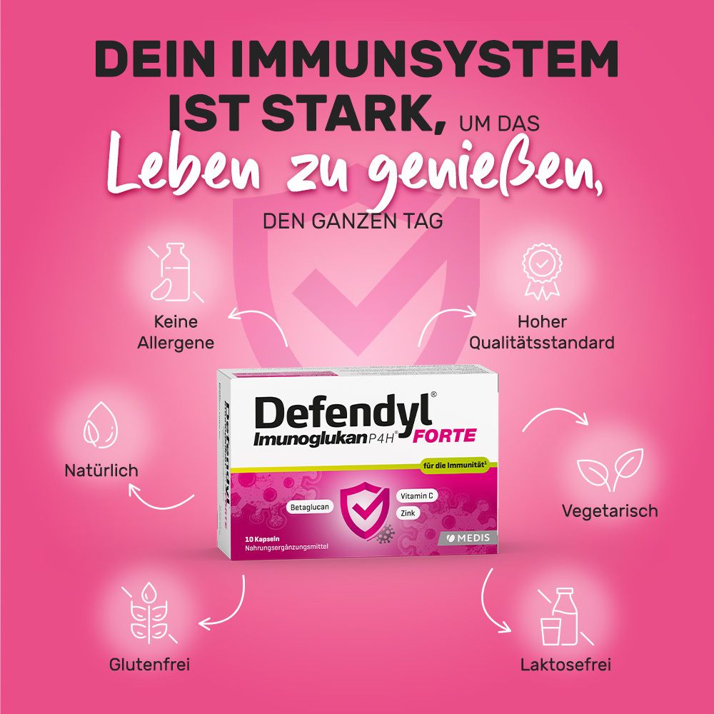 Defendyl-Imunoglukan P4H FORTE Packung. Text: Dein Immunsystem ist stark, um das Leben zu genießen. Symbole: allergenfrei, vegetarisch.
