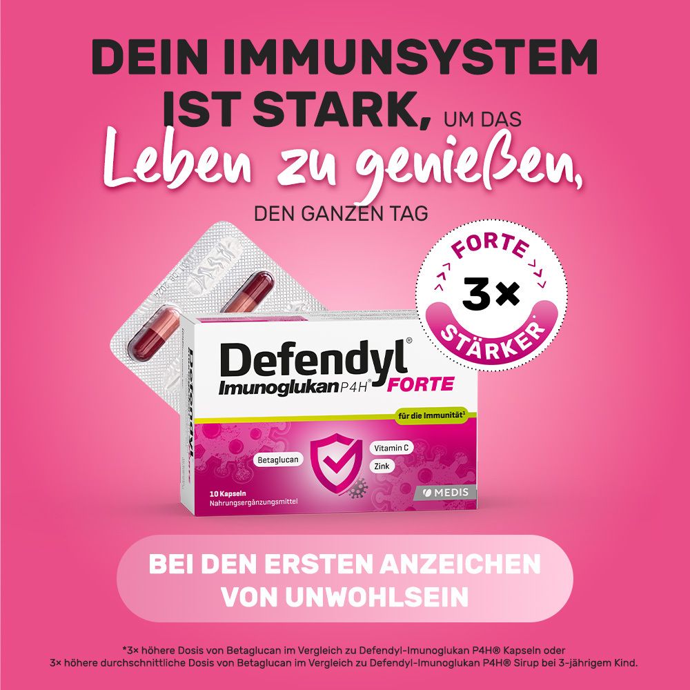 Defendyl-Imunoglukan P4H FORTE Packung und Blisterpackung. Text: Bei den ersten Anzeichen von Unwohlsein.