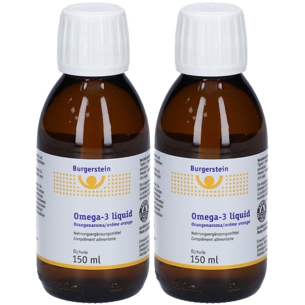 Zwei braune Flaschen mit weißem Deckel. Auf dem Etikett steht "Burgerstein Omega-3 liquid". Orangenaroma. 150 ml.