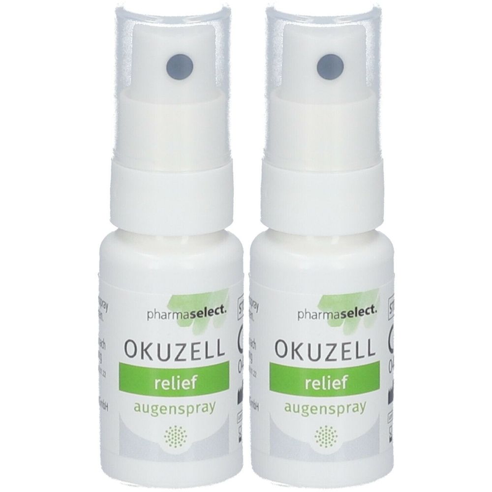 Zwei weiße Sprühflaschen mit grünem Etikett. Aufschrift: OKUZELL relief Augenspray. Marke: pharmaselect.