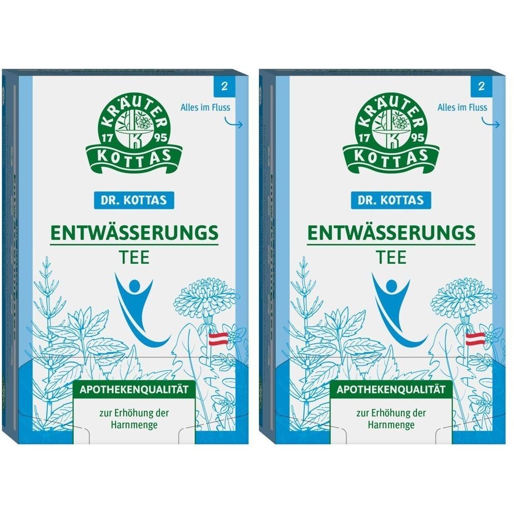 Zwei Packungen Tee. Aufschrift: DR. KOTTAS Entwässerungs Tee. Apothekenqualität. Grün-weiß-blaue Verpackung mit Pflanzenmotiven.